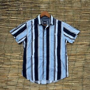 MBX Short Sleeve Button Up Shirt Blue Black Striped Men's Size Medium